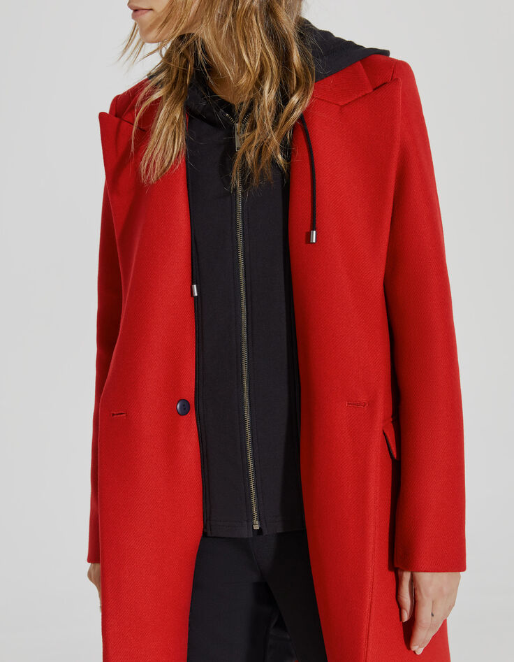 Manteau rouge mi-long en laine à capuche en molleton femme-2