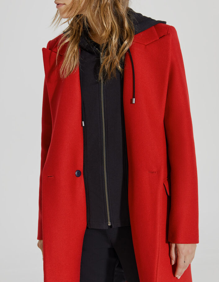 Women’s red wool mid-length coat, sweatshirt fabric hood - IKKS