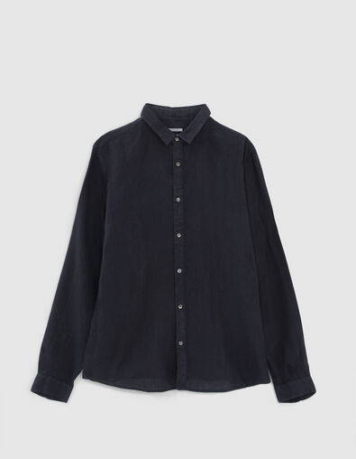 Marineblaues SLIM-Herrenhemd aus 100% Leinen - IKKS