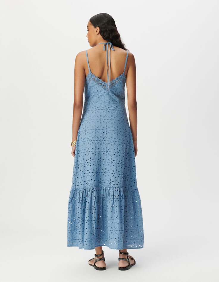 Robe longue fines bretelles bleue broderie anglaise Femme-3