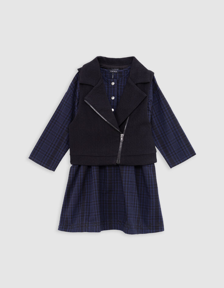 Marine kariertes 2-in-1-Kleid und Biker-Weste für Mädchen-1
