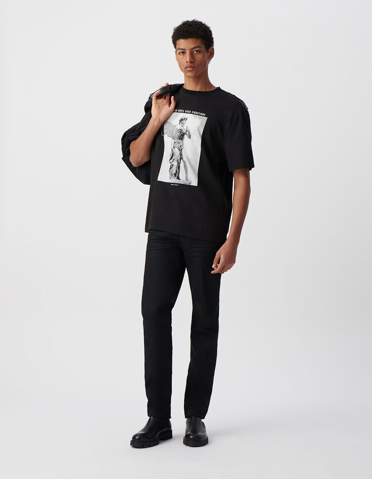 Men's black T-shirt with statue image and embroidery-2