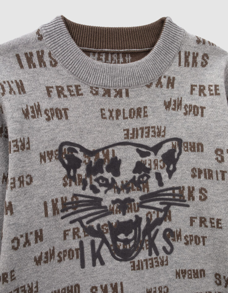 Pull réversible gris et kaki jacquard typo garçon-3