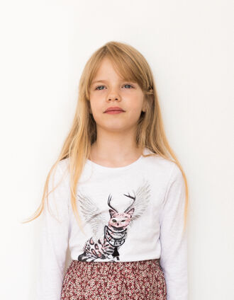 Girls' off-white winged leopard-cat image T-shirt