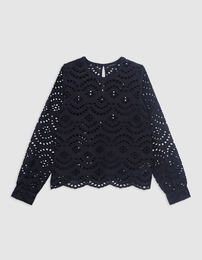 Blusa negra de mujer con broderie anglaise - IKKS