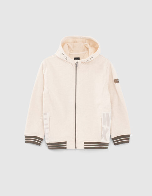 Boys’ beige marl cardigan with lettering under mesh