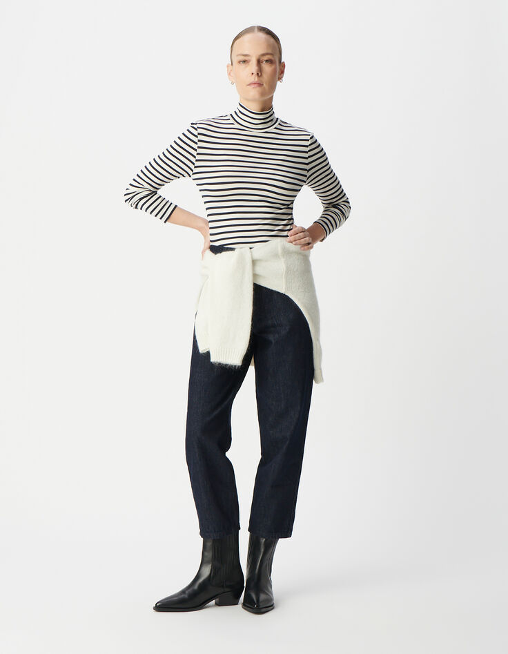 Dames-T-shirt met navy coltrui en witte strepen-1