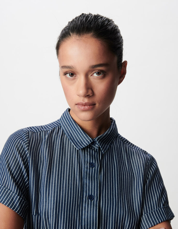 Robe chemise marine fines rayures blanches Femme-2