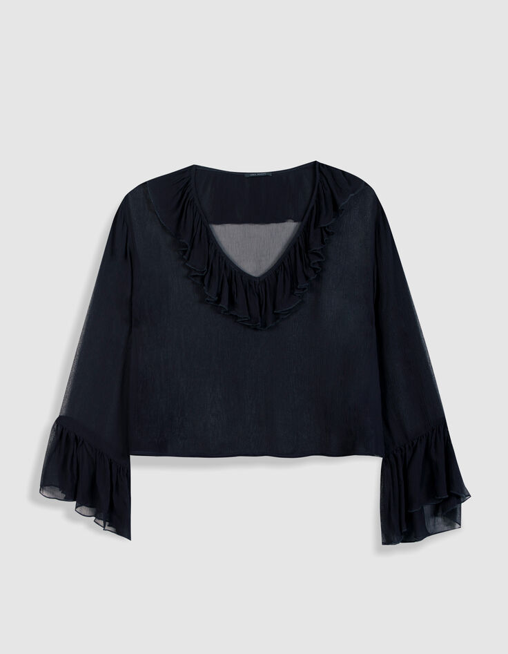 Damesblouse in marineblauwe voile met ruches-6