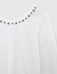 Tee-shirt blanc maille lin irisé décor perles métal Femme-5