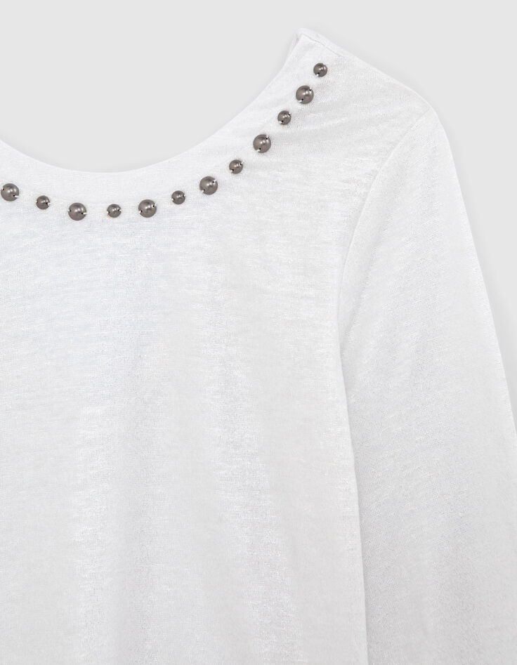 Tee-shirt blanc maille lin irisé décor perles métal Femme-5