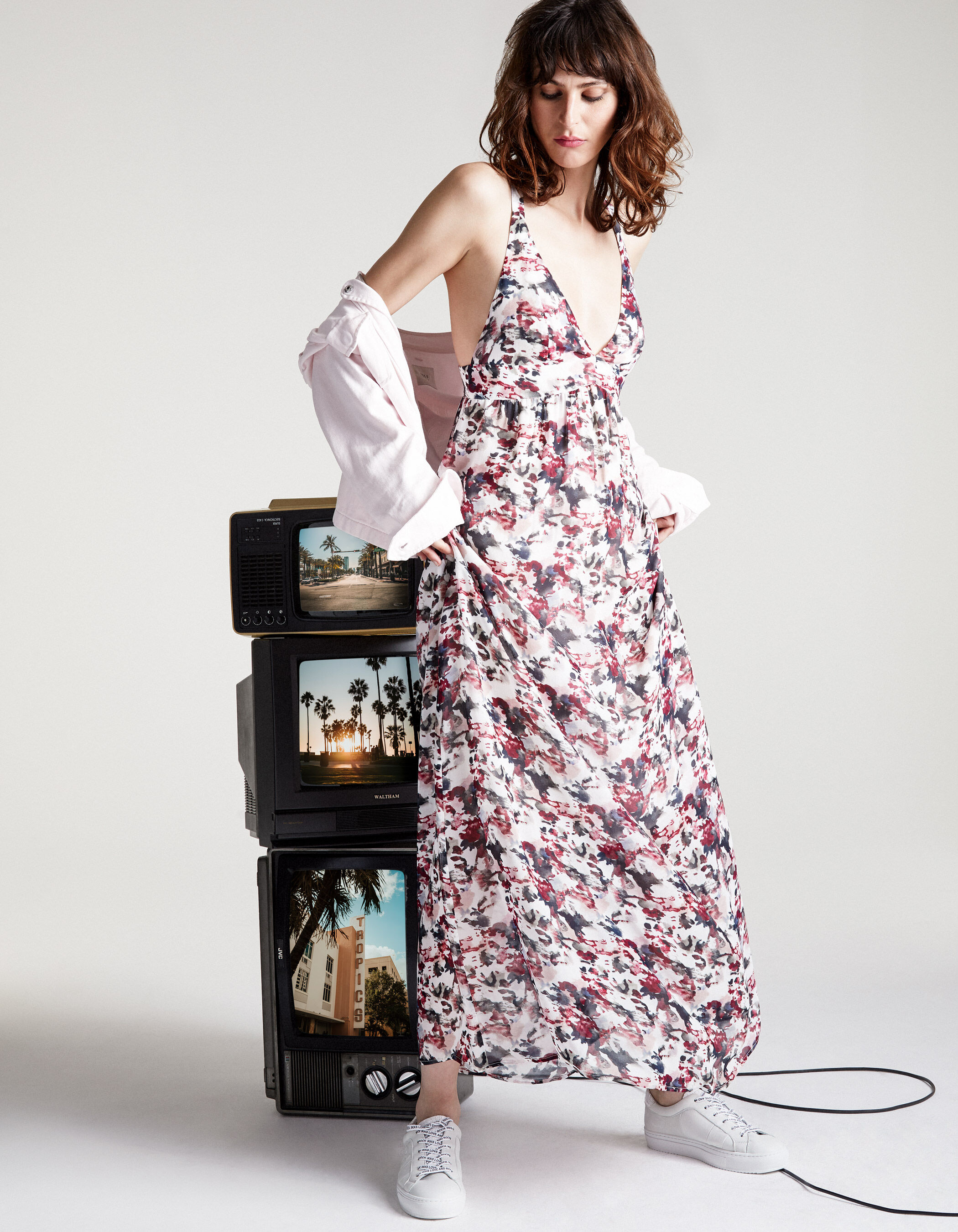 Watercolour print viscose cr pe long dress