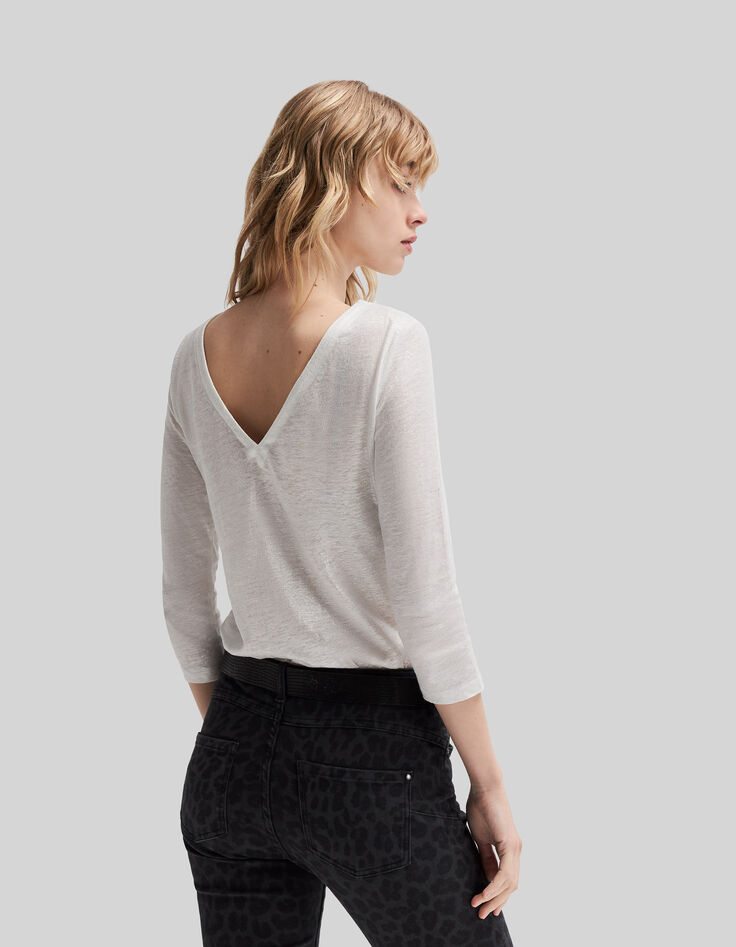 Tee-shirt blanc maille lin irisé décor perles métal Femme-3