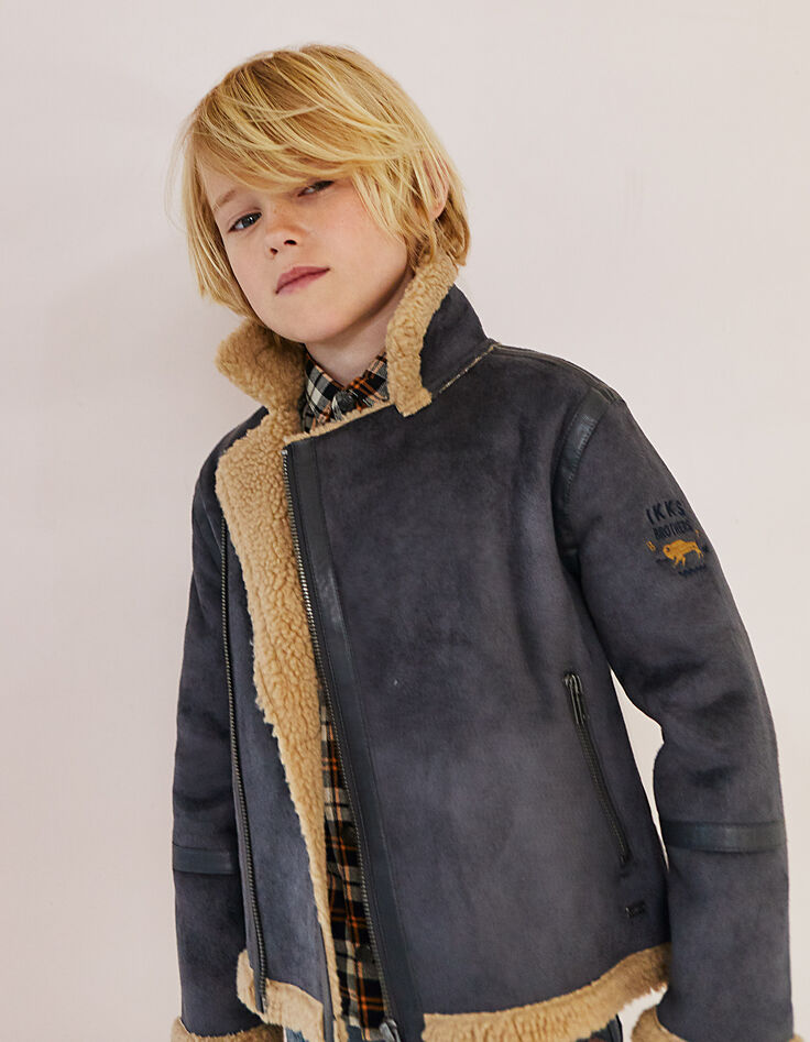 Veste grise imitation peau lainée garçon-1