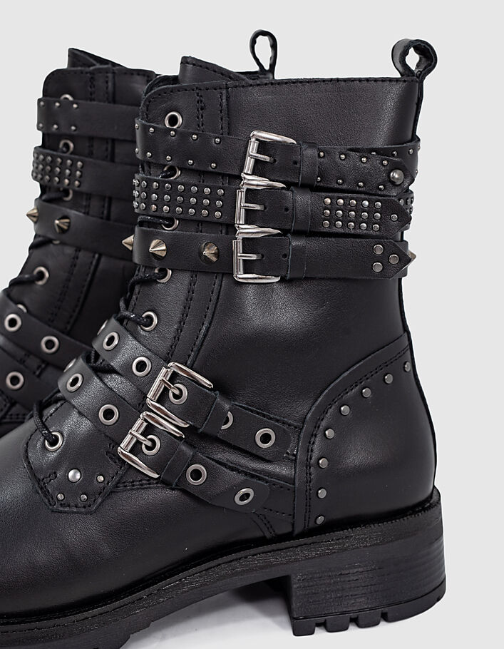 Women’s black studded 5buckle leather combat boots
