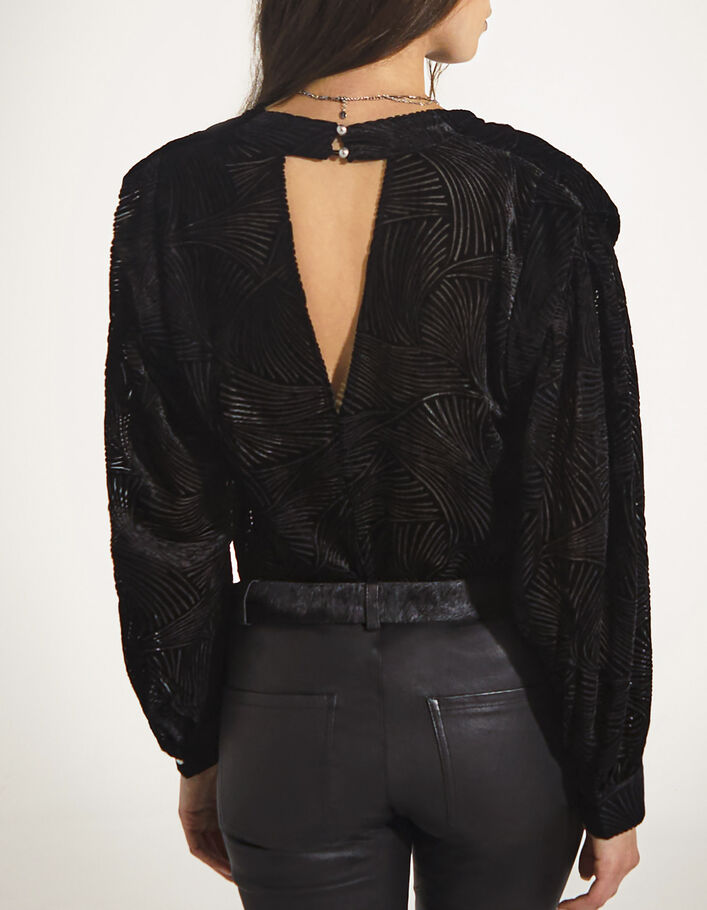 Blouse en velour motif zèbre noir plis épaules femme-3