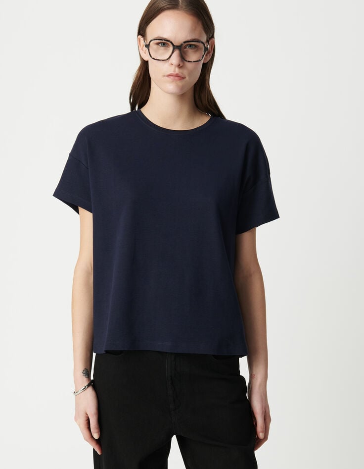 Women's navy round neck herringbone embroidery back t-shirt-3 Women's navy round neck herringbone embroidery back t-shirt-3