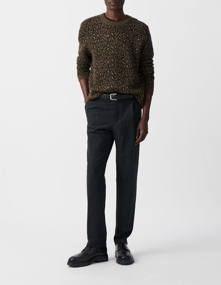 Pull beige tricot jacquard motif l&eacute;opard Homme-2