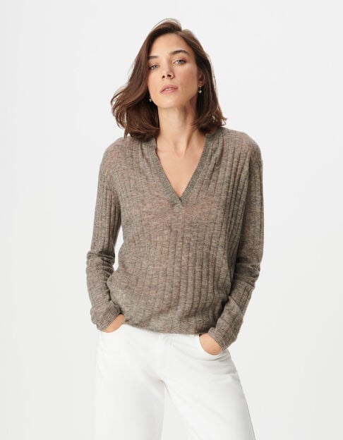 Pull manches longues beige tricot c&ocirc;tes plates Femme - IKKS