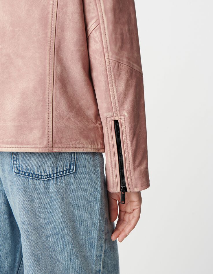 Cazadora biker de piel lavada rosa para mujer-5