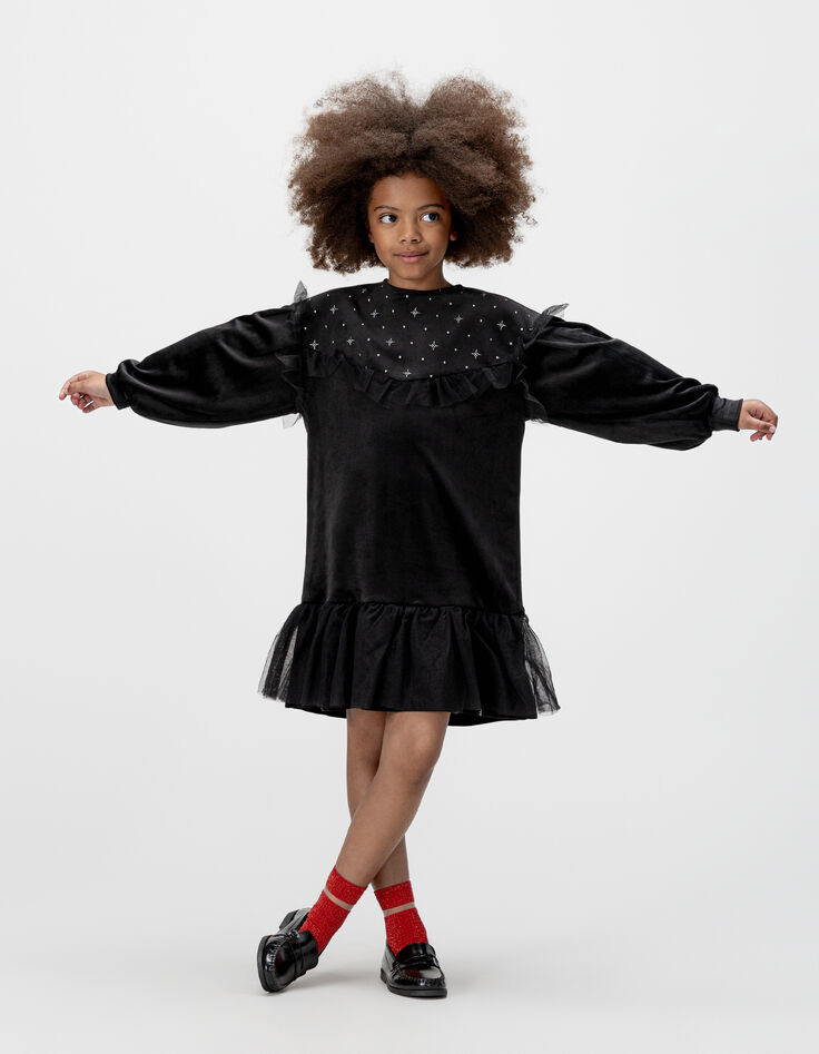 Girls’ black embroidered velvet dress with tulle ruffles-2