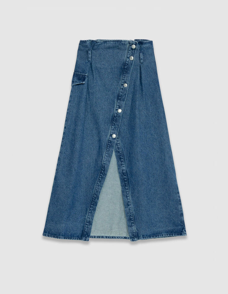 Jupe en jean bleu fendue taille haute asym&eacute;trique Femme-6