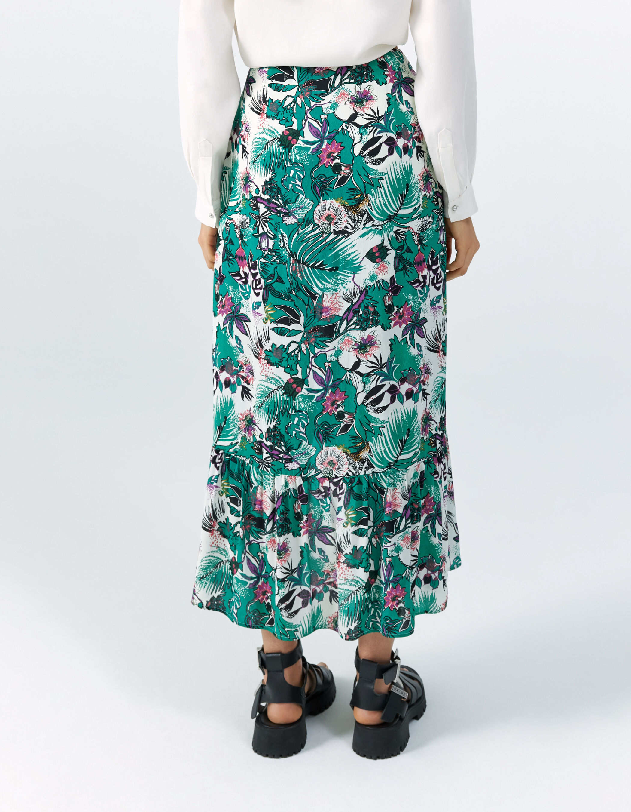 Asymmetrische groene rok met plantenprint Dames