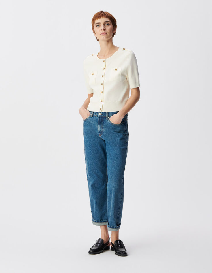 Cardigan manches courtes blanc tricot deux poches Femme-1