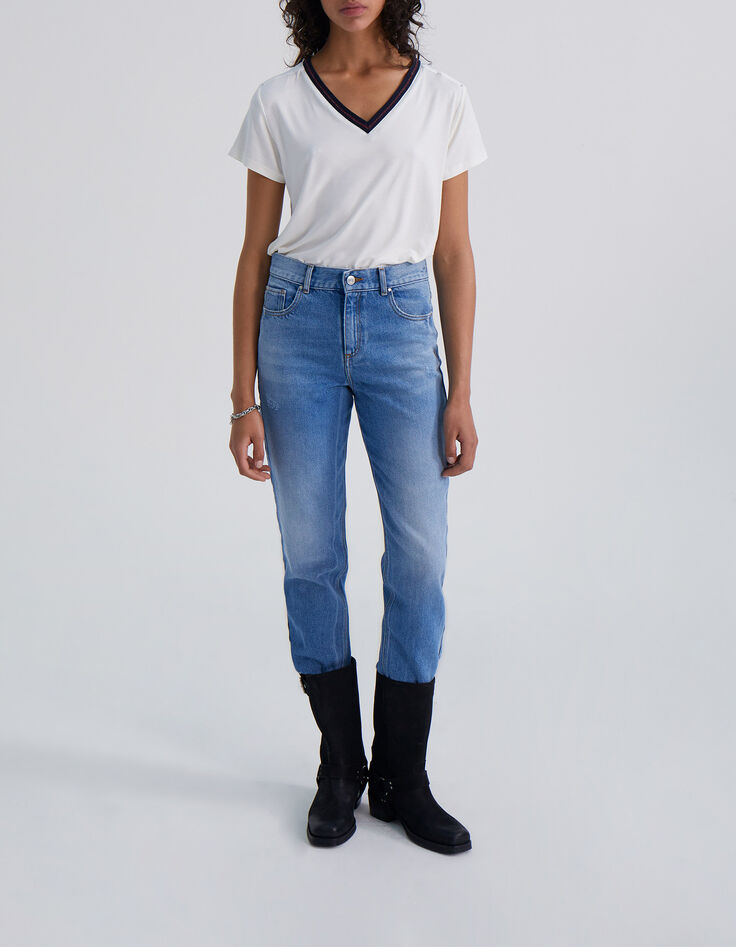 Ecru T-shirt gestreepte marine ribboord Dames-5