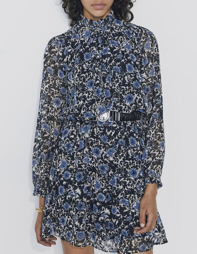Women’s blue flower print dotted Swiss voile short dress - IKKS