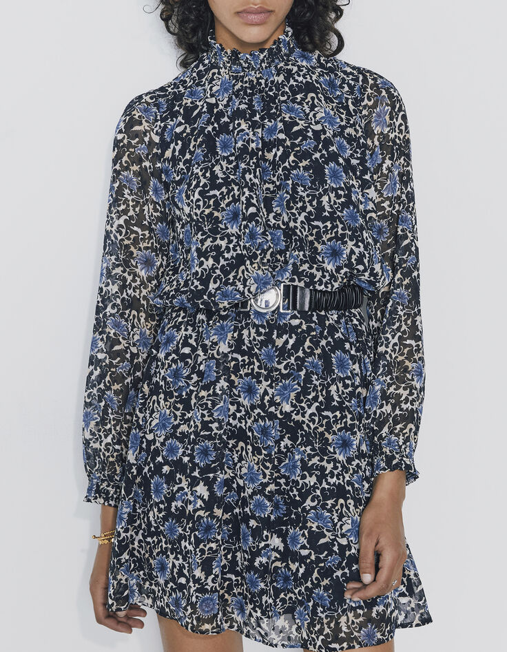 Women’s blue flower print dotted Swiss voile short dress-1