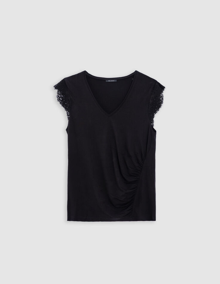 Tee-shirt noir manches dentelle festonnée Femme-5 Tee-shirt noir manches dentelle festonnée Femme-5