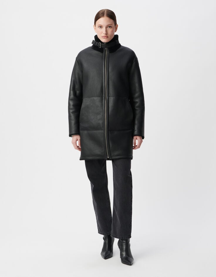 Manteau noir mi-long peau retournée Femme-6