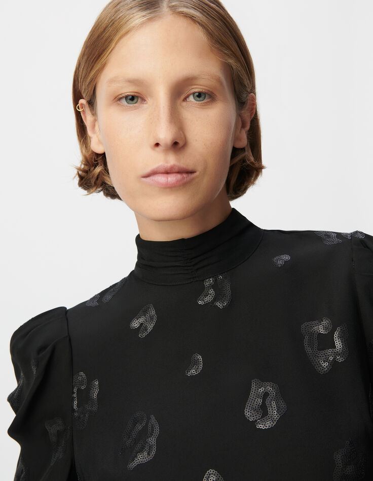 Blouse manche longue noire motif léopard brodé sequins Femme-6