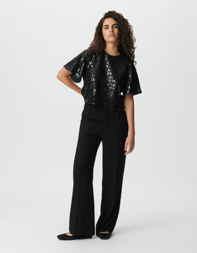 Top noir brodé sequins manches papillon Femme - IKKS