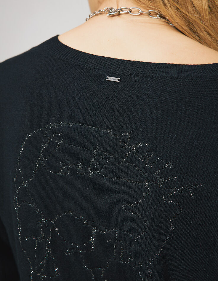 Pull noir en maille fine intarsia tête de mort dos femme-4 Pull noir en maille fine intarsia tête de mort dos femme-4