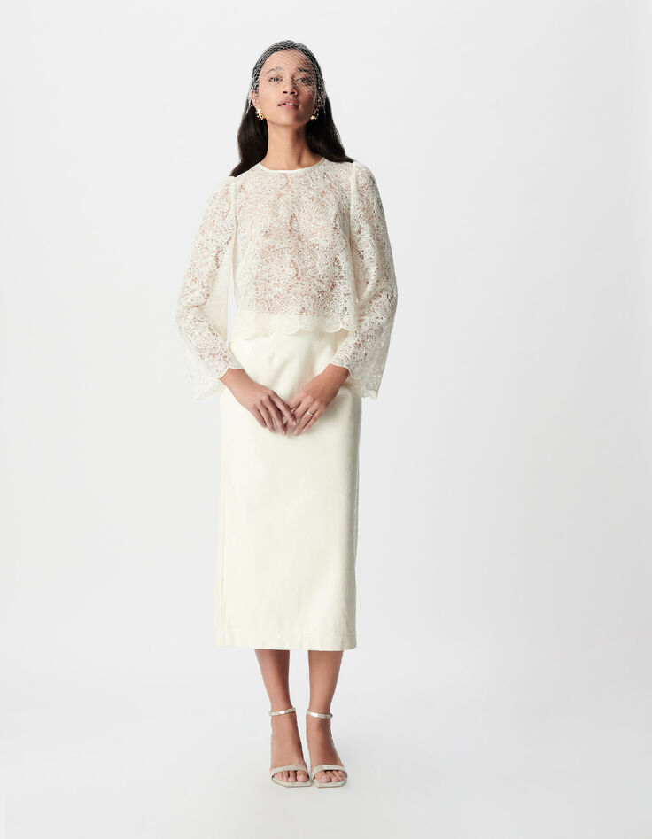 Mujer blusa corta de puntilla blanca-2