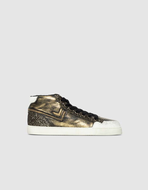 Women’s khaki metallic leather glittery high-top trainers - IKKS