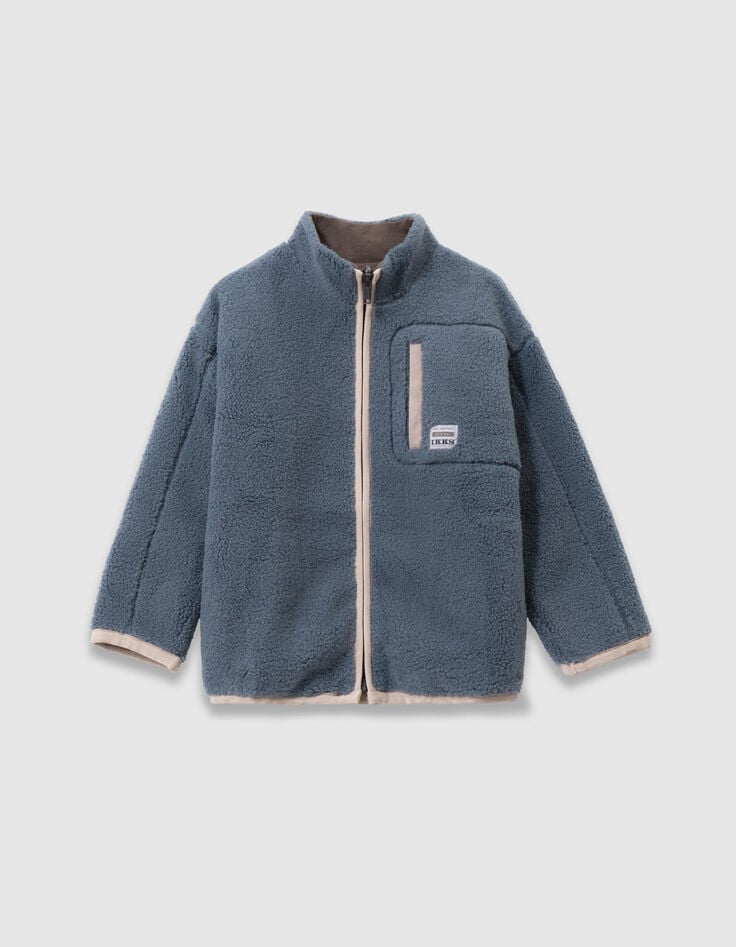 Cardigan réversible sherpa bleu et molleton kaki garçon-4 Cardigan réversible sherpa bleu et molleton kaki garçon-4