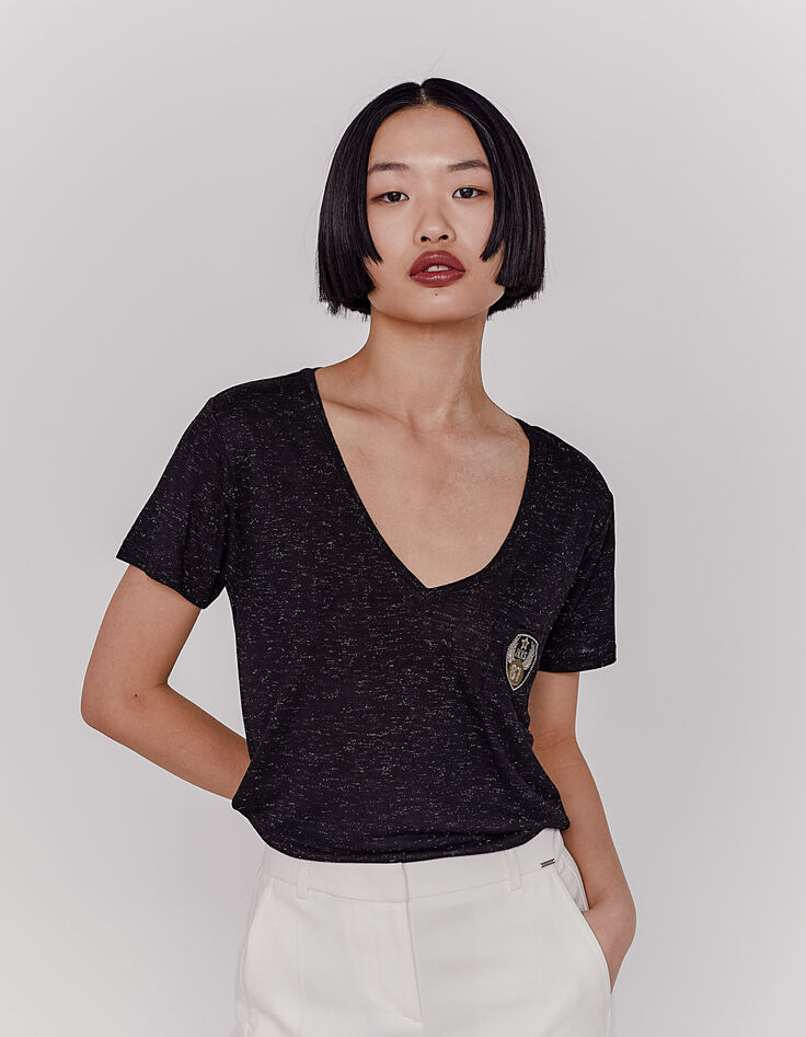 Camiseta negra metal viscosa escudo mujer-1