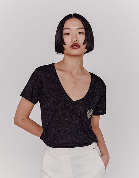 Women’s black metallic viscose T-shirt with insignia