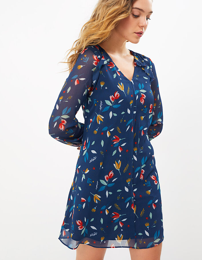 I.Code navy ruffled dress with multicolour tulip print - IKKS