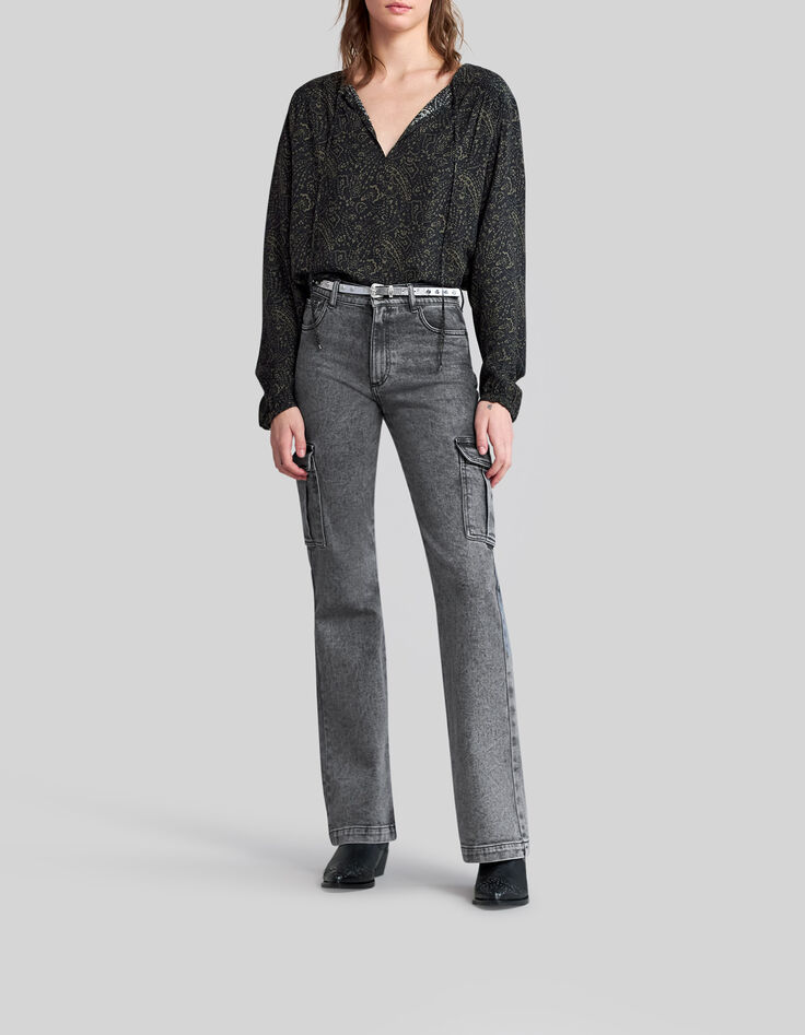 Women’s faded black flared jeans with cargo pockets-1