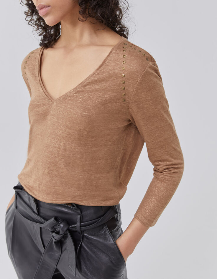 Women’s beige studded foil linen T-shirt-2