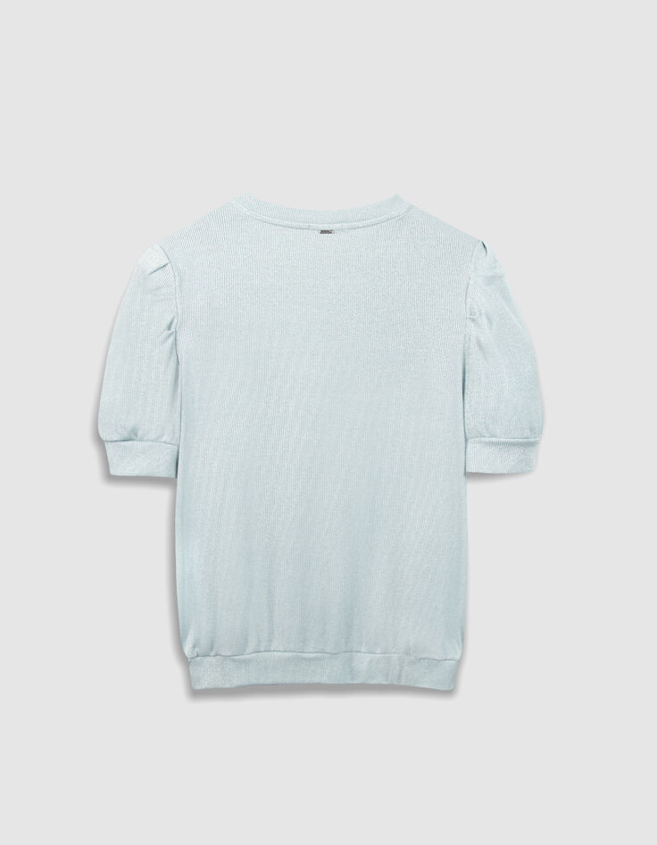 Tee-shirt col rond bleu paillet&eacute; manches fronc&eacute;es Femme-7