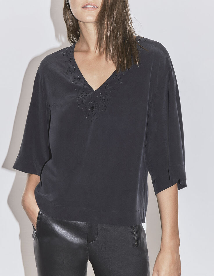 Pure Edition top à manches kimono en soie noir femme-4