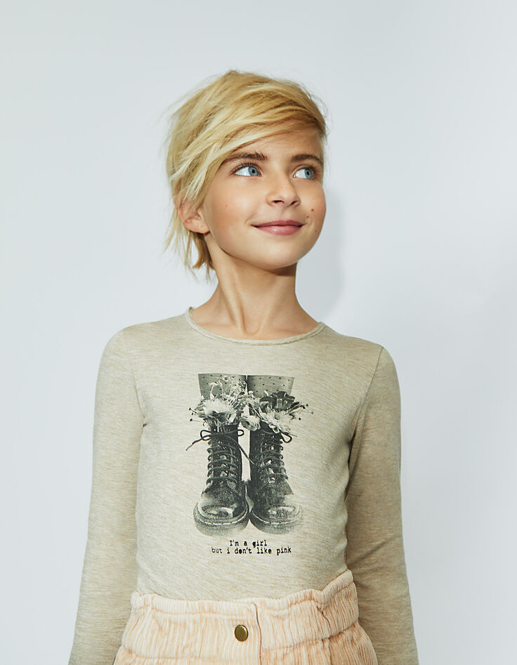 Tee-shirt beige moyen visuel boots et fleurs fille-5 Tee-shirt beige moyen visuel boots et fleurs fille-5