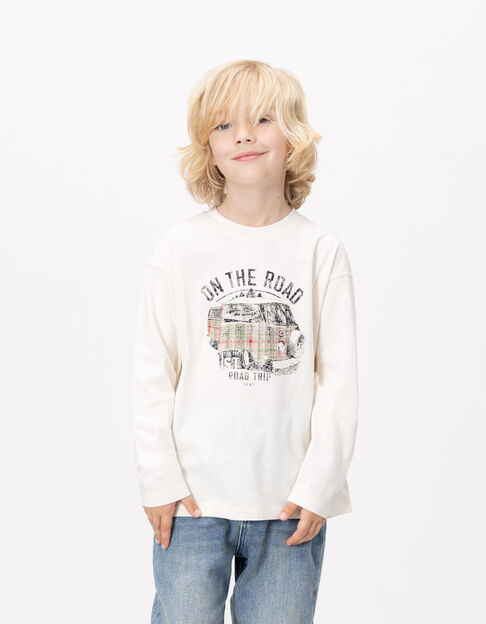 Boys’ white organic cotton T-shirt with printed van image - IKKS
