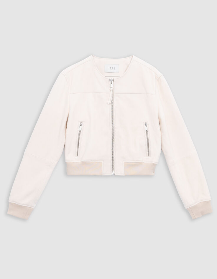 Blouson court beige cuir velours Femme-5