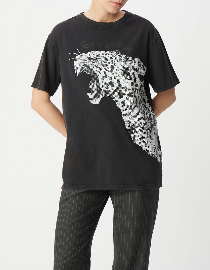 Tee-shirt gris coton bio visuel l&eacute;opard  et message Femme-2